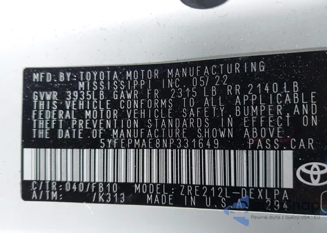 2022 Toyota Corolla Le из США, поврежденный, VIN 5YFEPMAE8NP331649